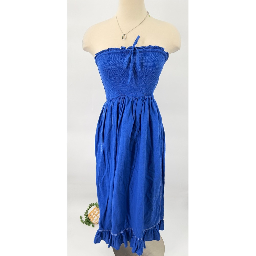 Urban Outfitters Dress Womens M Blue Strapless Smocked Boho Ruffle Midi Sundress